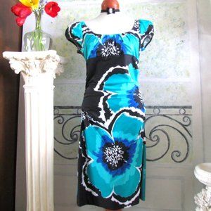 FLORAL DRESS, 8, SUZI CHIN ART in TURQUOISE, BLACK & WHITE COTTON BODYCON MIDI
